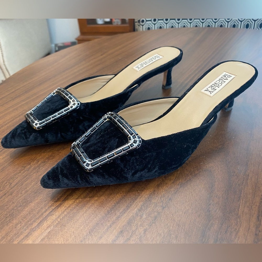 Badgley Mischka Black Velvet Kitten Heel Mules with Embellished Buckles
